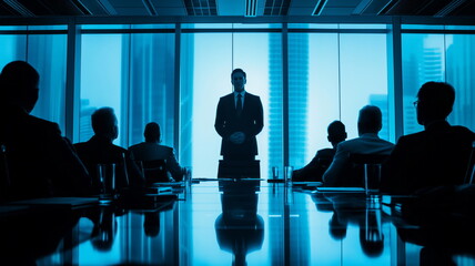 Businessman delivering powerful presentation to boardroom of corporate executives and investors