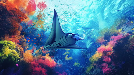 Majestic manta ray glides through crystal-clear waters, surrounded by vibrant coral reefs and a school of small fish, under a sunlit, blue ocean surface - obrazy, fototapety, plakaty