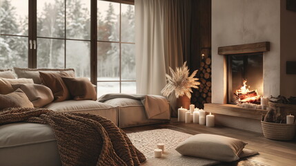 Stylish Living Room Interior with Warm Textiles and Fireplace, Cozy Home Vibes