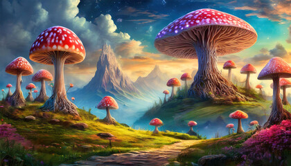 Fantasy landscape with fairy tale mushrooms, illustration. - obrazy, fototapety, plakaty