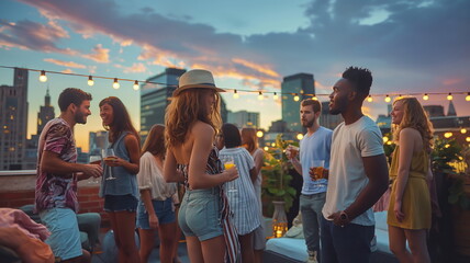 Group of diverse friends enjoying a rooftop party with city skyline views and festive decorations - Powered by Adobe