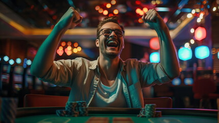 Happy Poker player celebrating inside a poker room