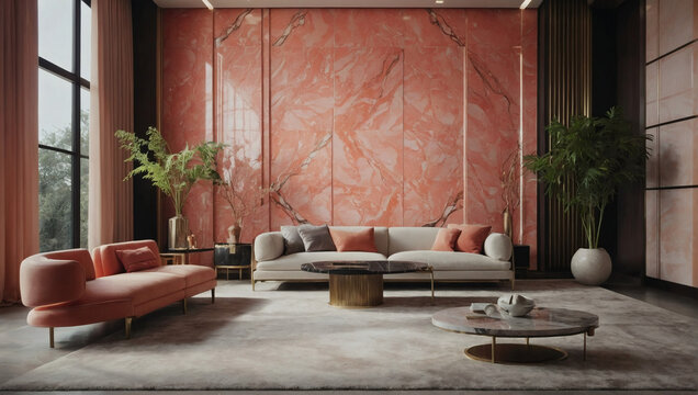 Art Deco and minimalism in this modern living space, where a vibrant coral marble tiled wall steals the spotlight.