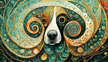 A whimsical representation of a dog's face appears amidst a hypnotic and colourful mosaic of swirls and intricate patterns.  AI generated.