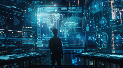 Futuristic Command Center with Global Data Monitoring
. A silhouette of a person stands before a massive digital wall display, showcasing global data, maps, and analytics in a futuristic command cente - obrazy, fototapety, plakaty
