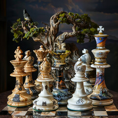 Fototapeta na wymiar Black and white chess pieces on a board - selective focus
