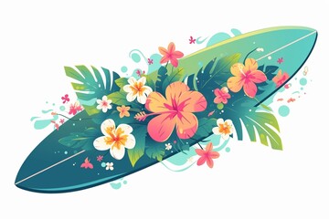 Surfboard clipart with tropical flower decals - obrazy, fototapety, plakaty