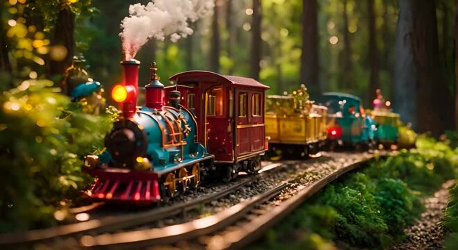 Colorful Miniature Trains Plying Through Lush Forest Landscapes