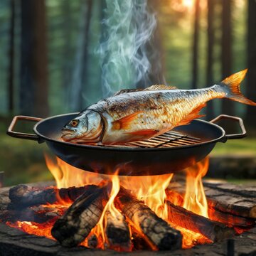 a realistic 3D rendering of a fish being cooked on a grill pan over an open fire in a forest setting. Pay attention to details such as the charred grill marks on the fish and the flickering flames of 