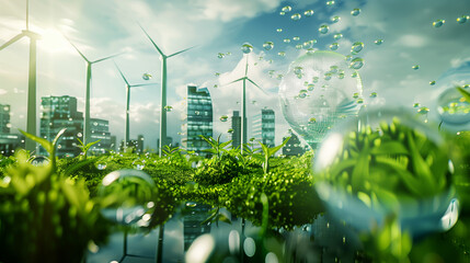 Sustainable Cityscape with Wind Energy and Greenery
. A visionary cityscape that merges modern wind turbines and lush green foliage, representing a harmonious blend of urban life and sustainable energ