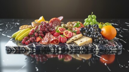 Gourmet Charcuterie and Cheese Platter, appetizing charcuterie board with an assortment of cheeses,...