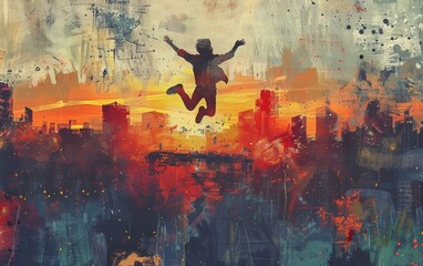 Urban daredevil leaps across rooftops, his silhouette framed by the vibrant graffiti that adorns...