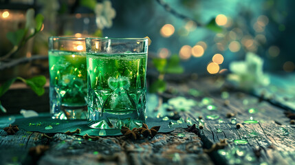 Traditional Green St. Patrick's Day Beverage
. Celebratory glasses of green-colored drink, garnished with clovers on a rustic wooden table, set for a festive St. Patrick's Day.
