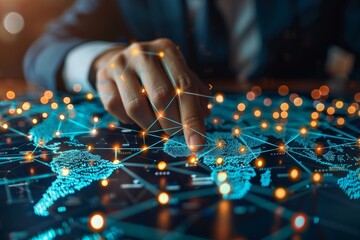 Businessman utilizes innovative SCM tech for global network efficiency, achieving seamless operations.