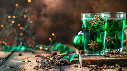 Traditional Green St. Patrick's Day Beverage
. Celebratory glasses of green-colored drink, garnished with clovers on a rustic wooden table, set for a festive St. Patrick's Day.
