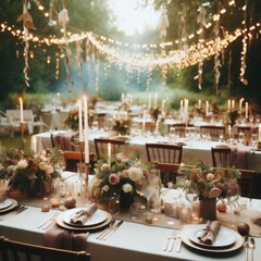 tables in the garden elegantly decorated for a wedding reception - obrazy, fototapety, plakaty