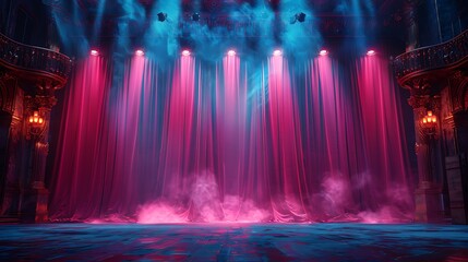 curtains with spotlights on stage. Theater or cinema background design