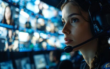Security control room guards monitor video walls, while emergency operators with headsets answer 911 calls and police officers patrol for illegal immigration activity.