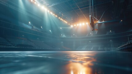 Empty Basketball Court Arena, tranquil basketball court basks in the dramatic spotlight, waiting...