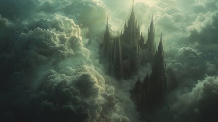 A dark and mysterious castle floats among the clouds, its gothic spires reaching up to the sky in a hauntingly beautiful display of architectural wonder. - obrazy, fototapety, plakaty