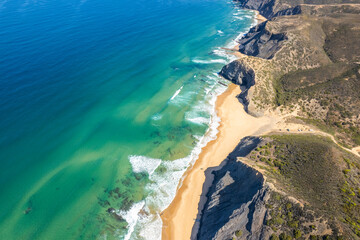 Aerial droe view of beautiful natural Cordoama beach in Portugal Atlantic coast - 778288780