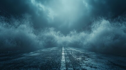 Eerie atmosphere on a deserted road, with a deep blue hue and foggy mountain backdrop, creating a chilling stage for showcasing items. - obrazy, fototapety, plakaty