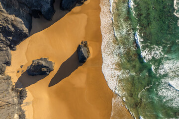 Aerial droe view of beautiful natural Cordoama beach in Portugal Atlantic coast - 778289140