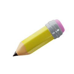 Vector short yellow 3d cartoon pencil with rubber icon. Volumetric wooden object for writing and drawing. Embedded pink eraser for deleting errors. Stationery tool with sharpened lead for creative art