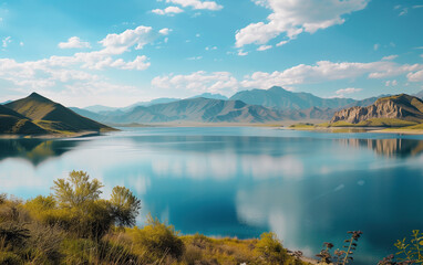Obraz premium Sailimu Lake scenery in Xinjiang, China,created with Generative AI tecnology.