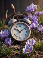 Vintage alarm clock with crocus flowers in the background. Early spring. Copy space