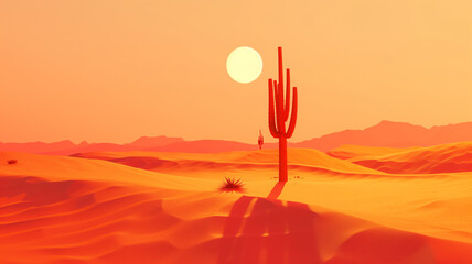 Minimalist desert at high noon, single cactus silhouette, heat waves visual, 3D art style - obrazy, fototapety, plakaty