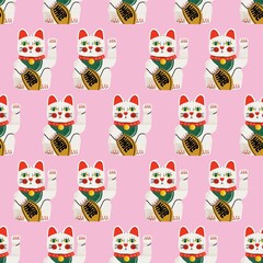 Maneki neko Cats. Lucky symbol. Japanese lucky welcoming cat doll, porcelain kitten. Hand drawn illustration. Square seamless Pattern. Pink background. Repeating design element for printing - 778290911