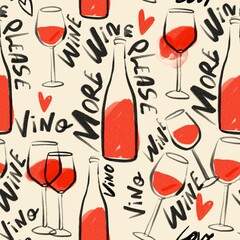 Glasses and bottle of Wine. Hand drawn illustration. Retro minimal style. Square seamless Pattern. Repeating design element for printing. Template for fabrics, textiles, wallpaper, clothes - 778290916
