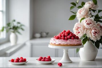 Raspberry meringue tart with fresh raspberry in a white kitchen