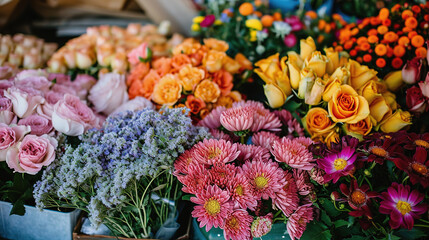 Assorted vibrant flower bouquet in flower market