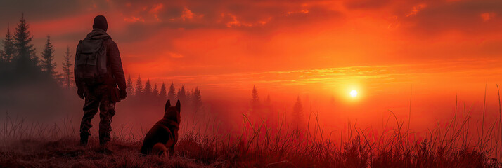 man hunter with dog German Shepherd in field in summer morning at sunrise against background of forest hunting