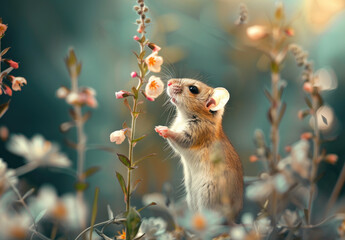 A field mouse climbing on the stem to reach flowers, a photo in which we see it from its side with an open mouth while eating some white flower buds - Powered by Adobe