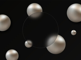 Glass morphism style. Round glass transparent banner with 3D spheres in platinum metal color.