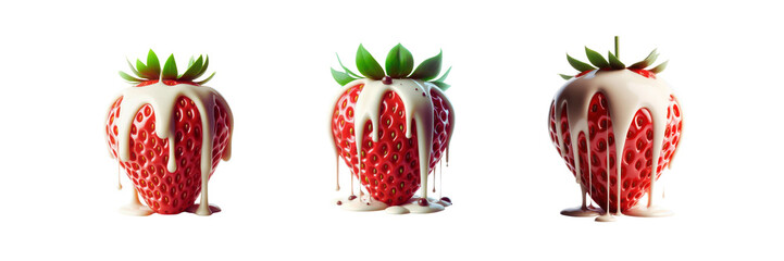Set of strawberry dripping with milk chocolate, illustration, isolated over on transparent white background