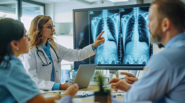 In the conference room, medical providers and doctors in white coats sat around large screens showing chest xray images, with one doctor pointing at an X-ray of someone's lungs to discuss findings