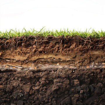 Underground soil layer of cross-section earth with grass on the top with white background.