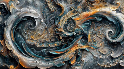 Hypnotic Fractal Waves with Golden Embellishments and Swirling Patterns. - obrazy, fototapety, plakaty