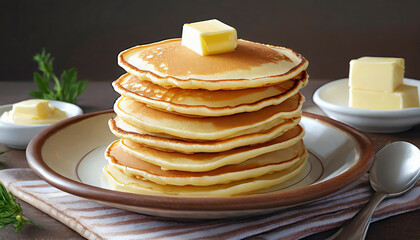 a close up of a stack of pancakes on a plate with butter, pancakes, pancake flat head,