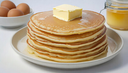 a close up of a stack of pancakes on a plate with butter, pancakes, pancake flat head,