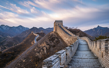 Great Wall of China sunset scenery,created with Generative AI tecnology.