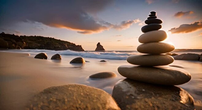 Harmony in Balance, Zen Stone Stacks Along the Coastal Shore