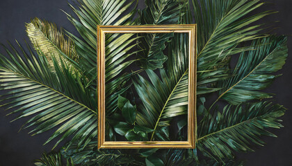 Fototapeta na wymiar a thin golden frame surrounded by green palm leaves on a dark background
