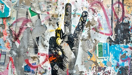 Urban graffiti embodies peace & love through victory hand signs amid multicolored grunge newspapers, conveying positive messages in vibrant street art