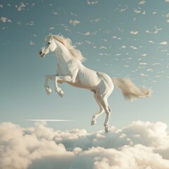 Obraz na płótnie Canvas Celestial Equine Ascent, majestic white horse soars amidst a surreal skyscape of clouds and scattered feathers, evoking a sense of freedom and fantasy