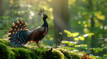 A majestic returning capricornus, also known as the European black trailer pheasant or teldrassahenkko in Finland, is standing on grassy ground with its tail raised and feathers - obrazy, fototapety, plakaty